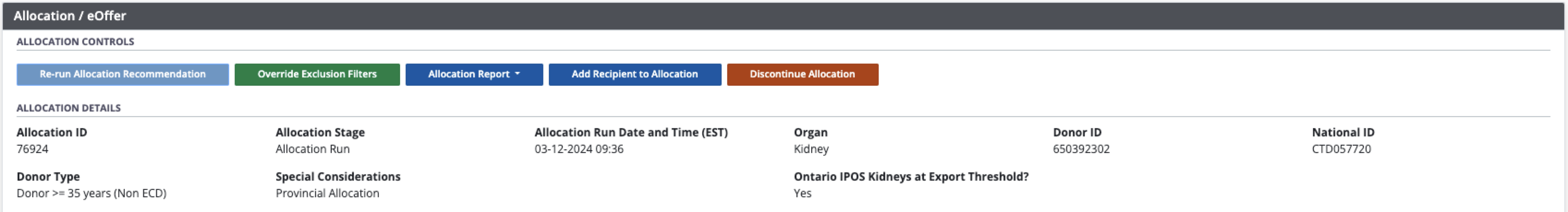 Example - Allocation details for a specific organ, showing the allocation stage.