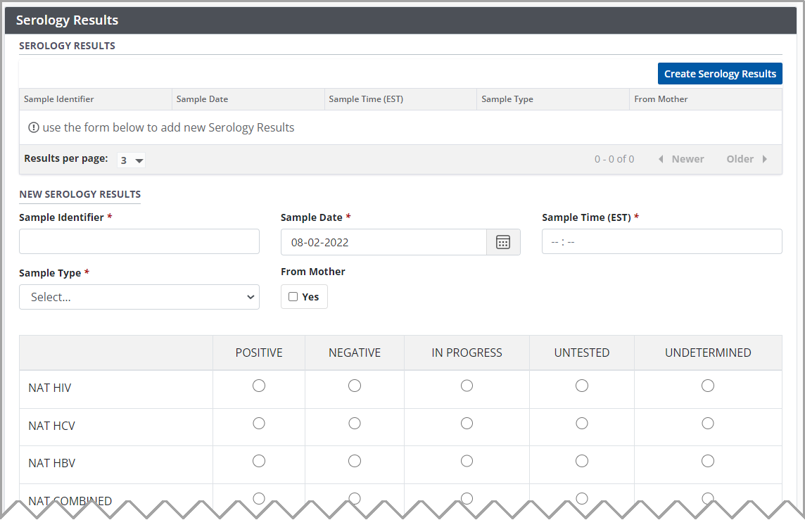 Example - Donor serology results section, empty.