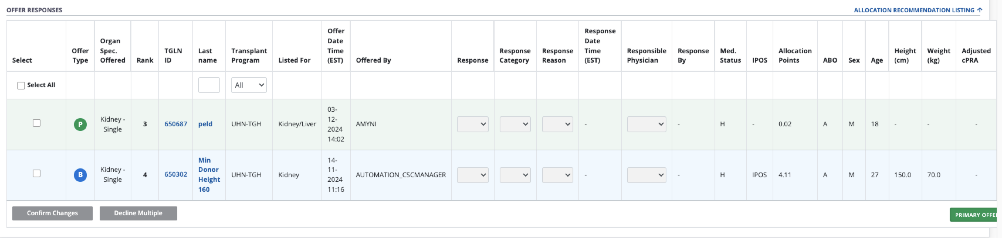 Example - Allocation recommendation - bottom part