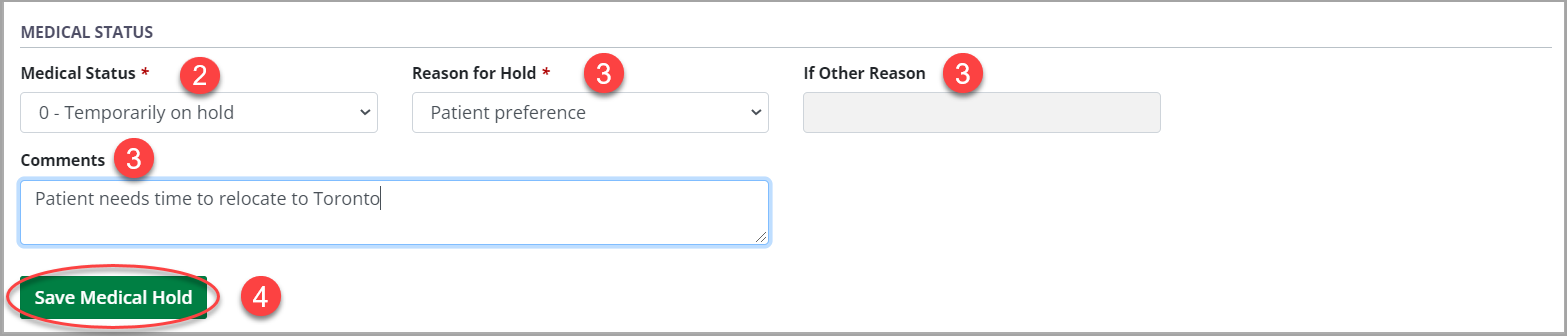 Example - medical status form completed for medical hold