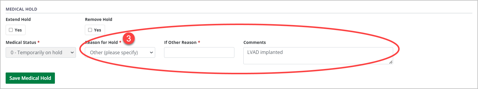 Example - medical hold form, populated