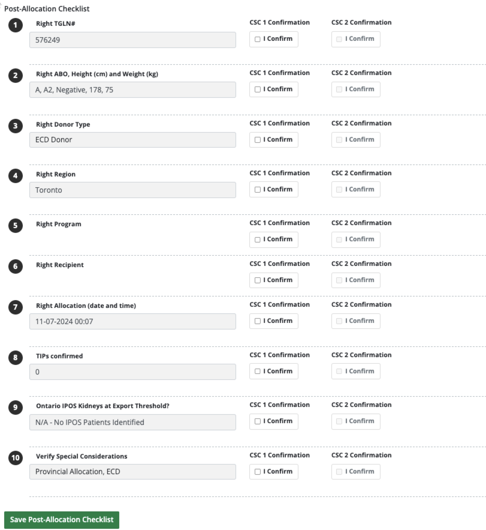 Example - post-allocation checklist