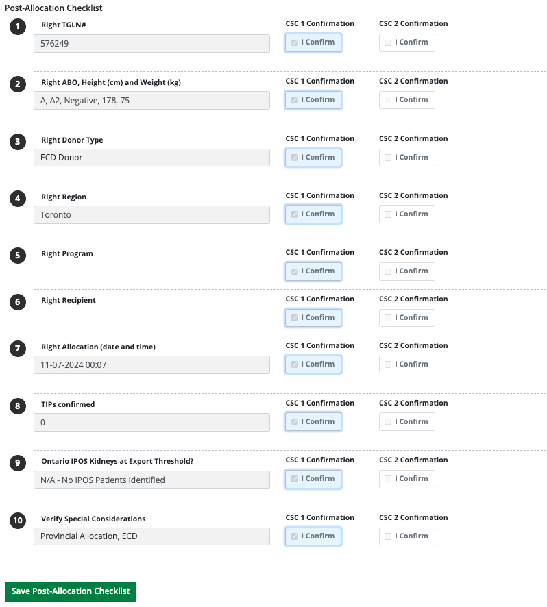 Example - post allocation checklist - completed by one CSC.