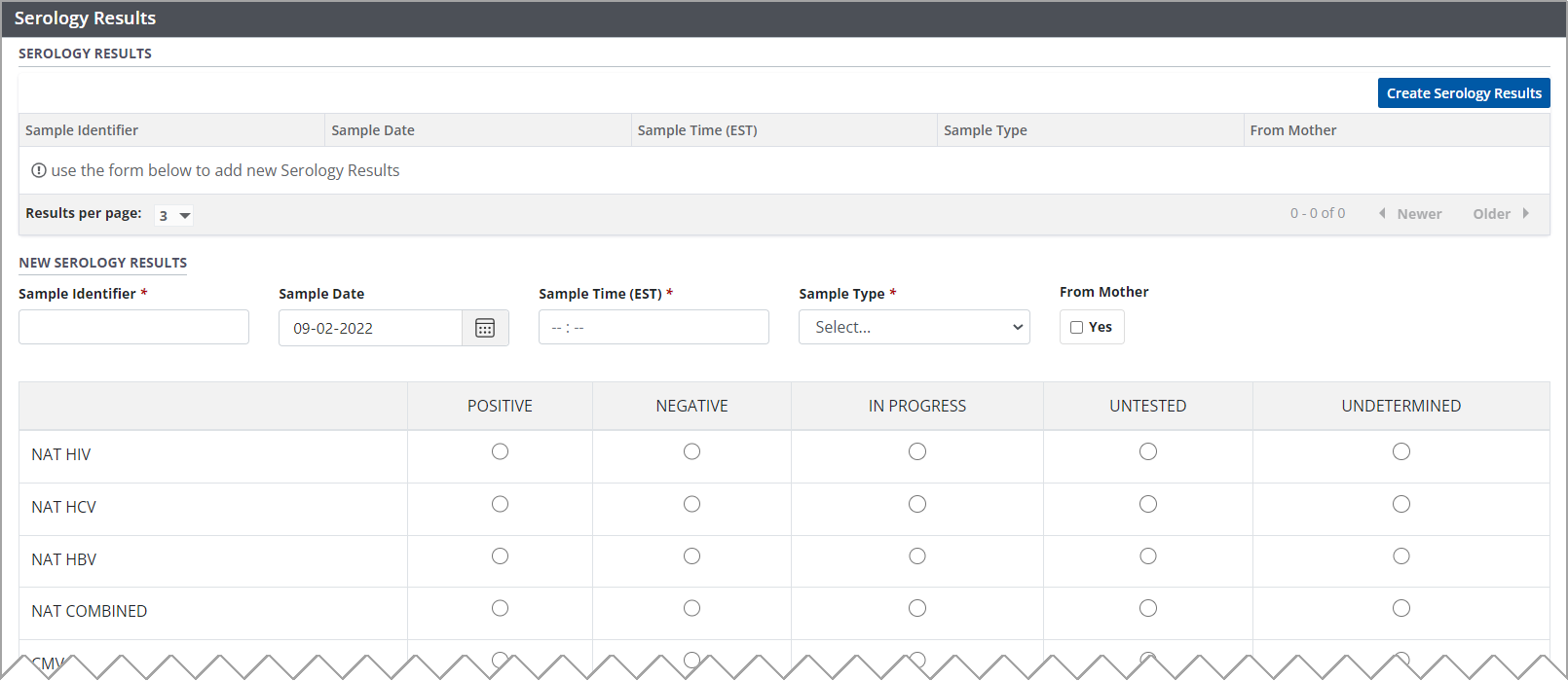 Example - donor serology table and form, empty