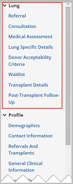 Example - left navigation showing new Lung section