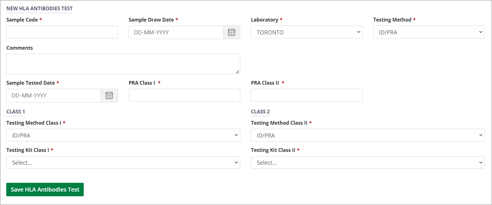 Example - HLA antibodies tests form expanded for ID-PRA testing method