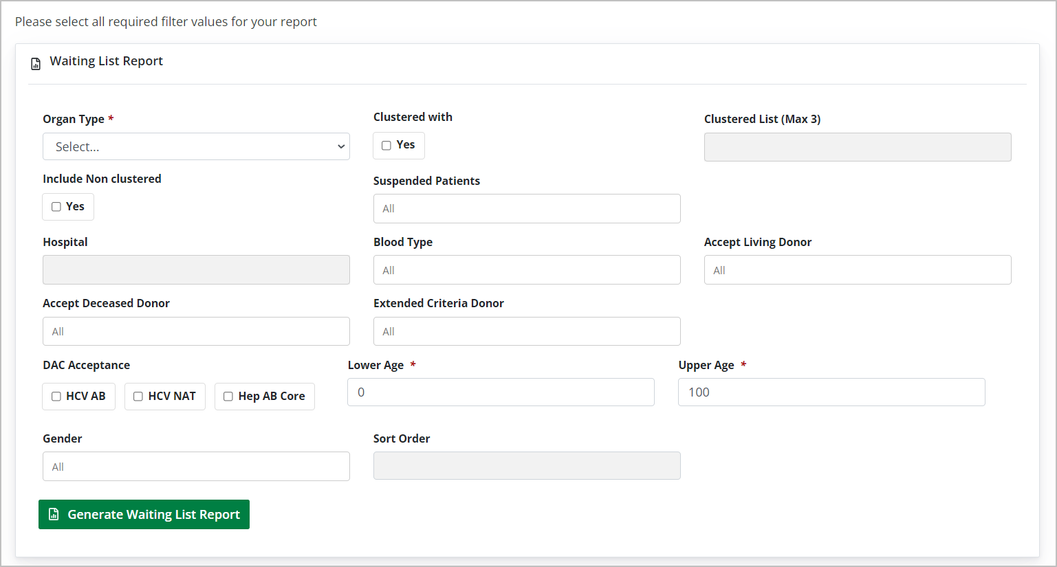 Example - filter options for selected report type