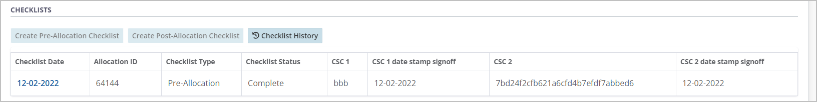 Example - Check list controls and table of completed checklists.