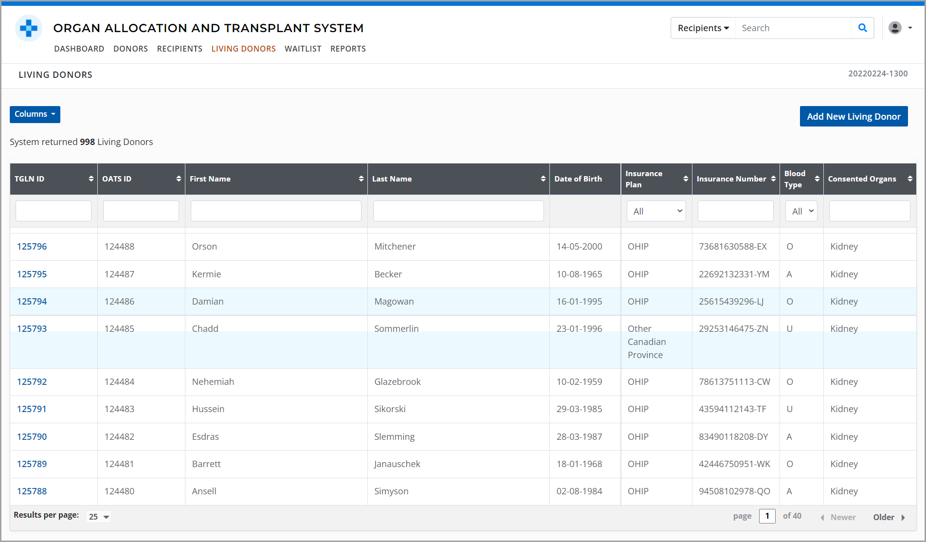 Example - living donor list page