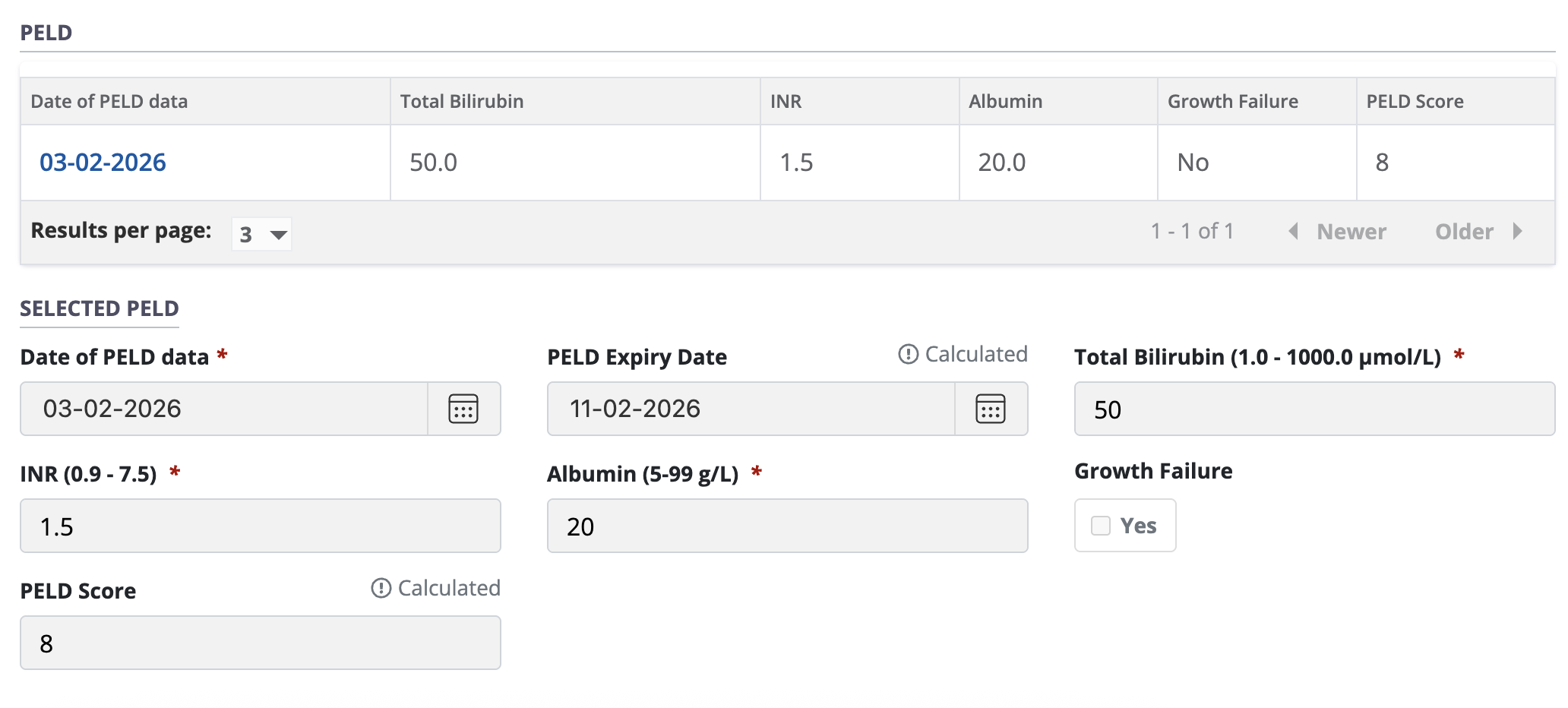 Example - PELD form with calculated score