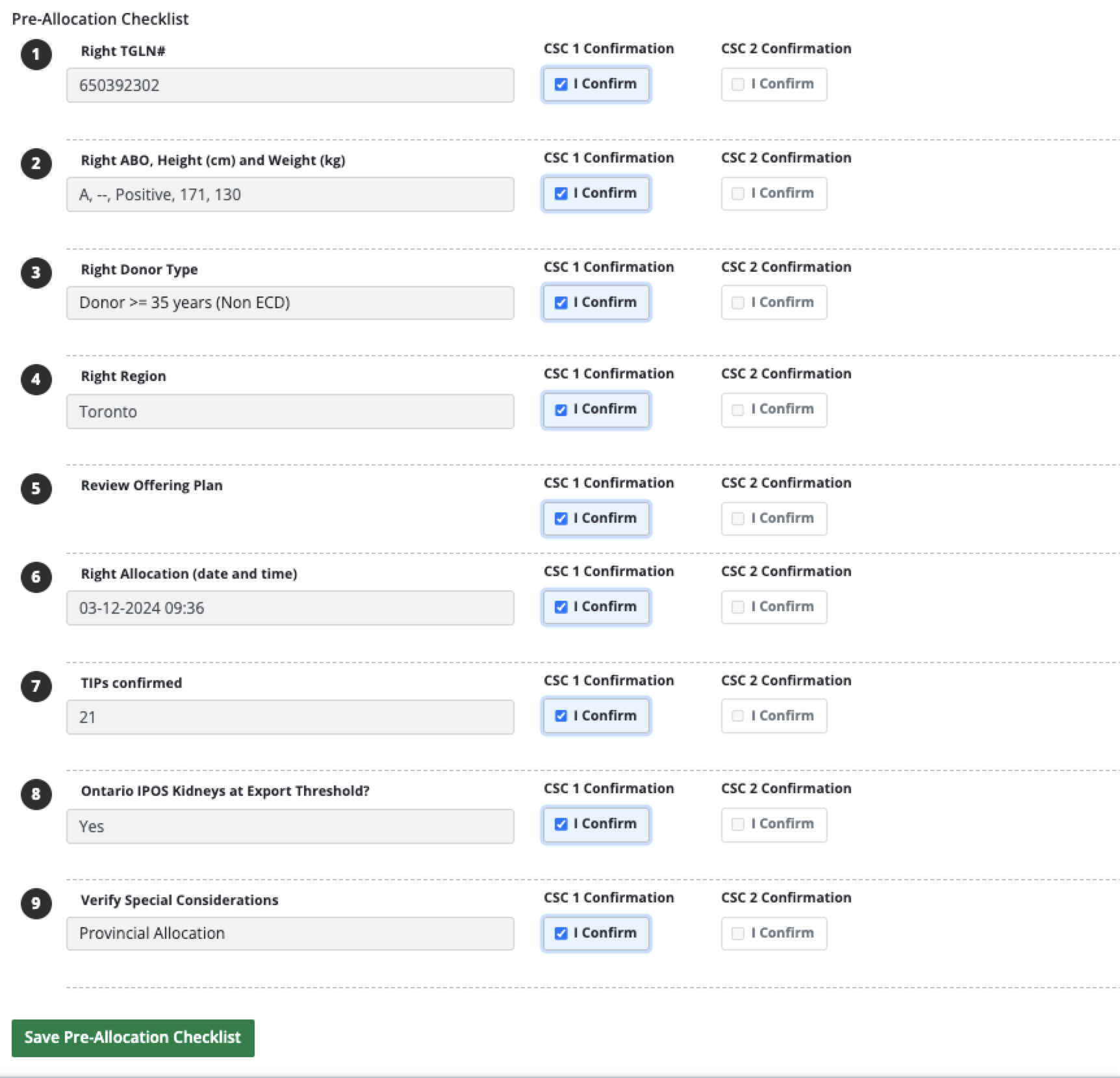 Example - Checklist, first CSC confirmed.