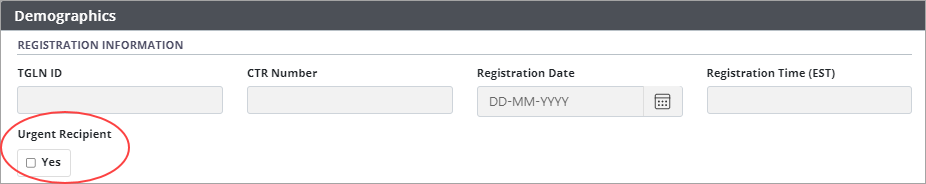 Example - Registration form, Demographics section, Urgent Listing highlighted