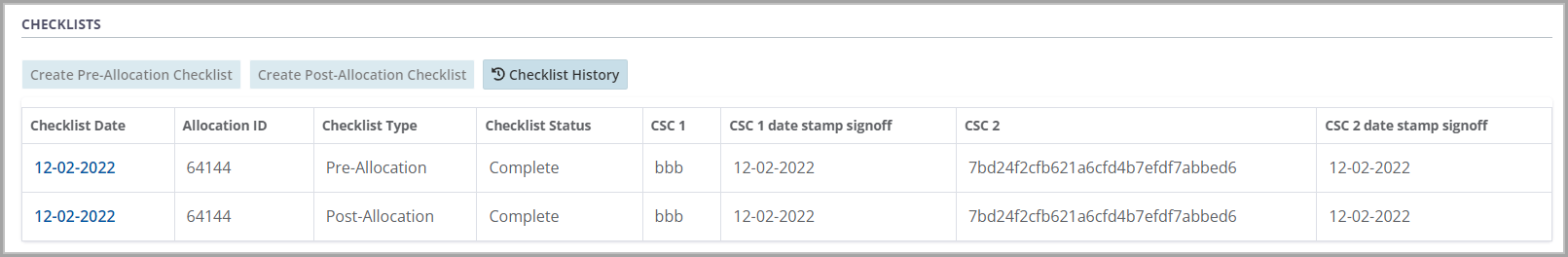 Example - Checklist controls and history table of completed checklists.